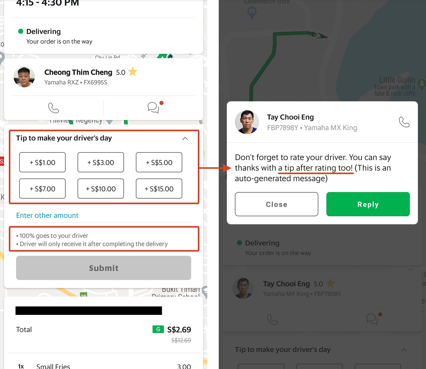 UI design for the current UX in Grab for Delivery Rider tipping.
