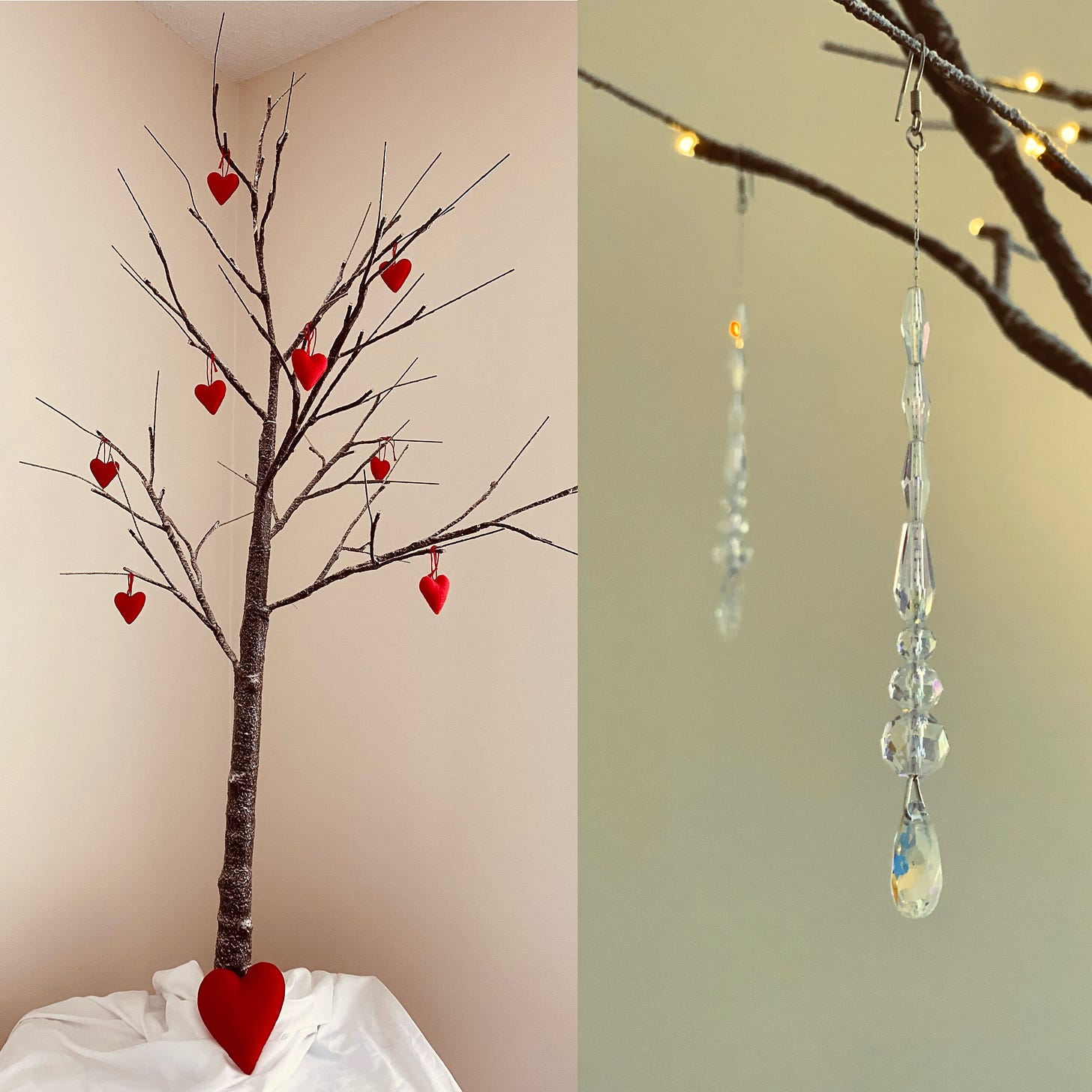 Diptych showing the twig tree hung with red felt hearts on the left and a closeup of dangling lead-crystal ornaments on its branches on the right