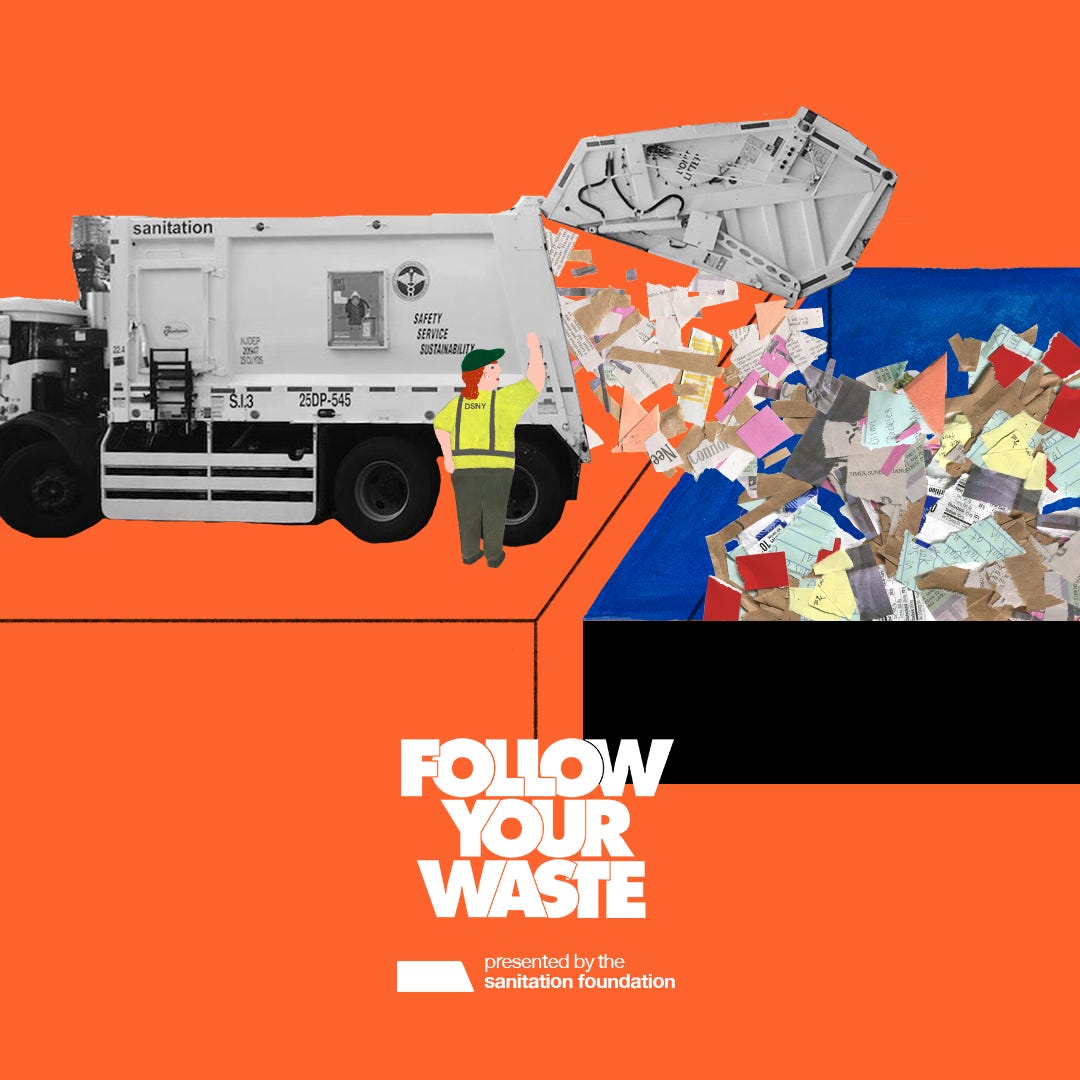 A graphic of a sanitation worker assisting a sanitation truck that is unloading paper recycling into a barge