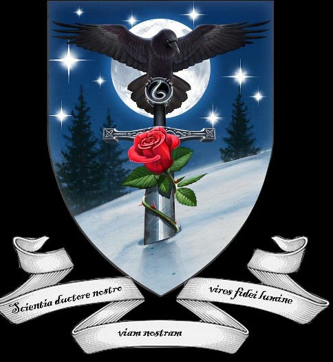coat of arms on a black background, blue with stars and full moon, overlaid with a raven holding a sword around which is a red rose. there is snow with pine trees in the background. the words 'scientia ductore nostre, viam nostrum, vires fidei lumine' on a white ribbon below the crest