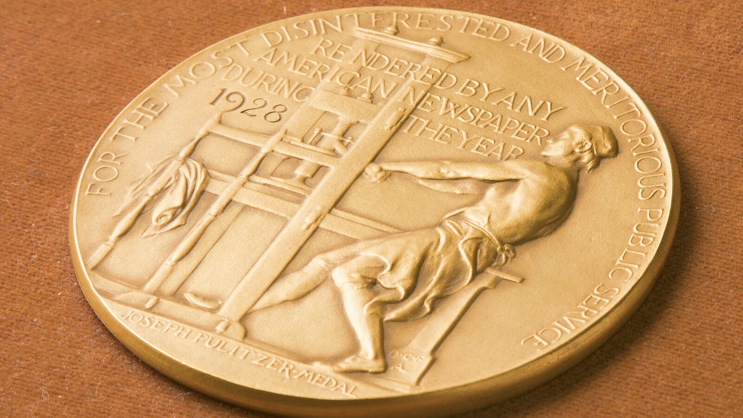 Pulitzer award, giant gold coin with a man at a printing press