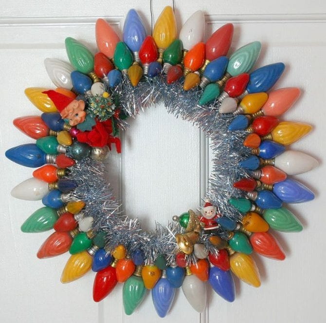 Christmas wreath of colorful light bulbs