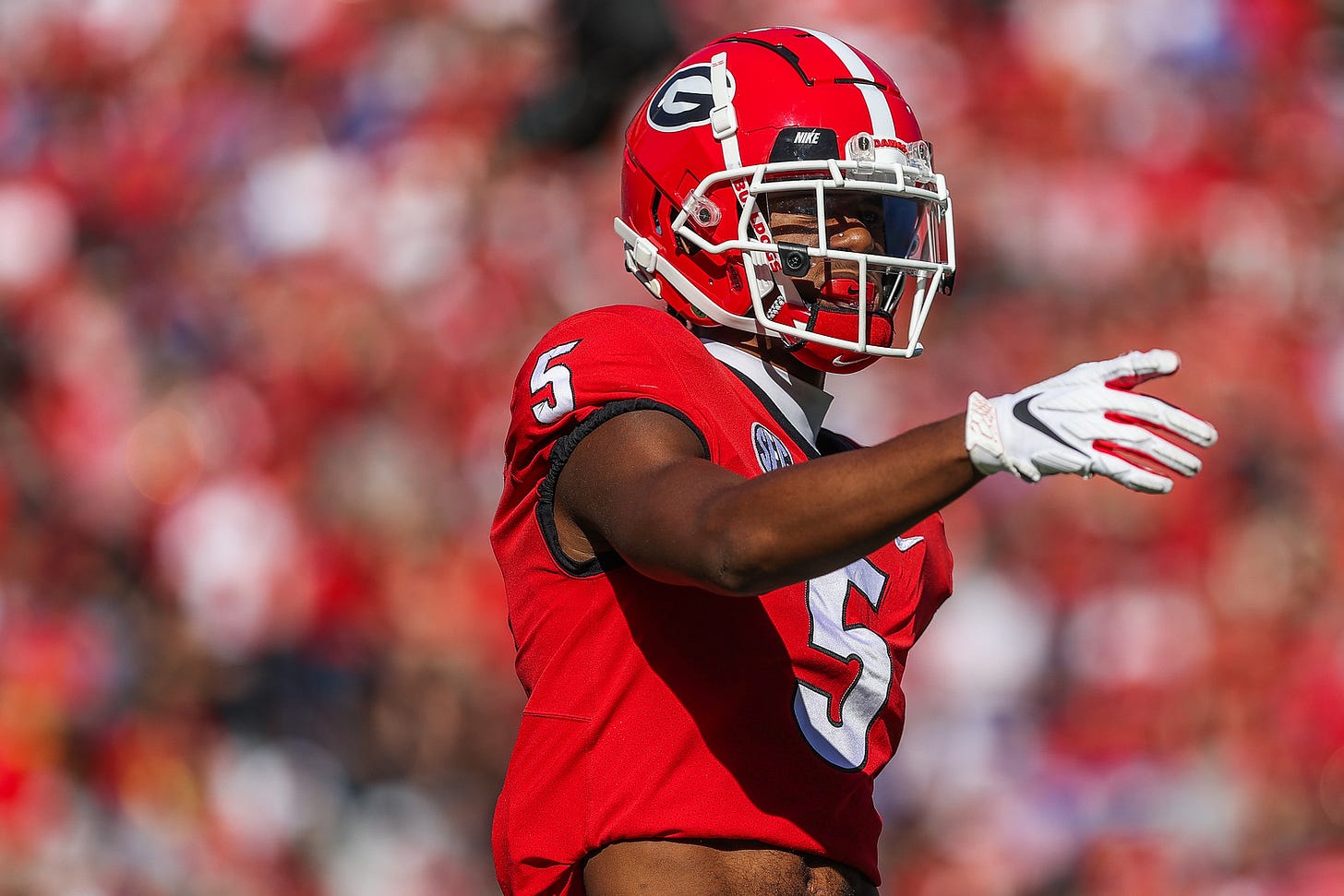 Georgia defensive back Kelee Ringo (5) during a game against Kentucky at Sanford Stadium in Athens, Ga., on Saturday, Oct. 16 , 2021. (Photo by Mackenzie Miles) Georgia defensive back Kelee Ringo (5) during a game against Kentucky at Sanford Stadium in Athens, Ga., on Saturday, Oct. 16 , 2021. (Photo by Mackenzie Miles)