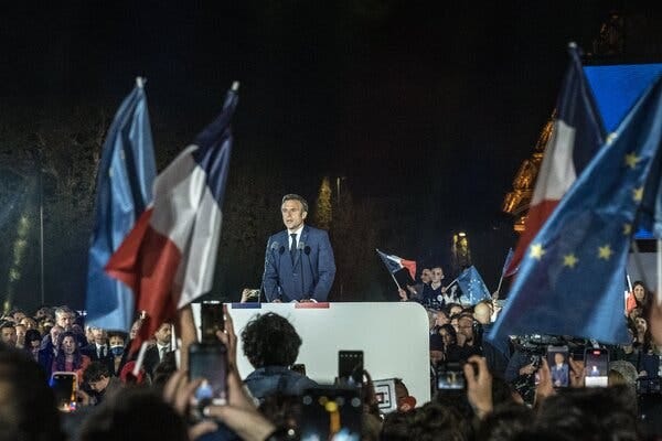 President Emmanuel Macron at a rally in Paris on Sunday night after the runoff vote. He became the first French leader to be re-elected to a second term in 20 years.