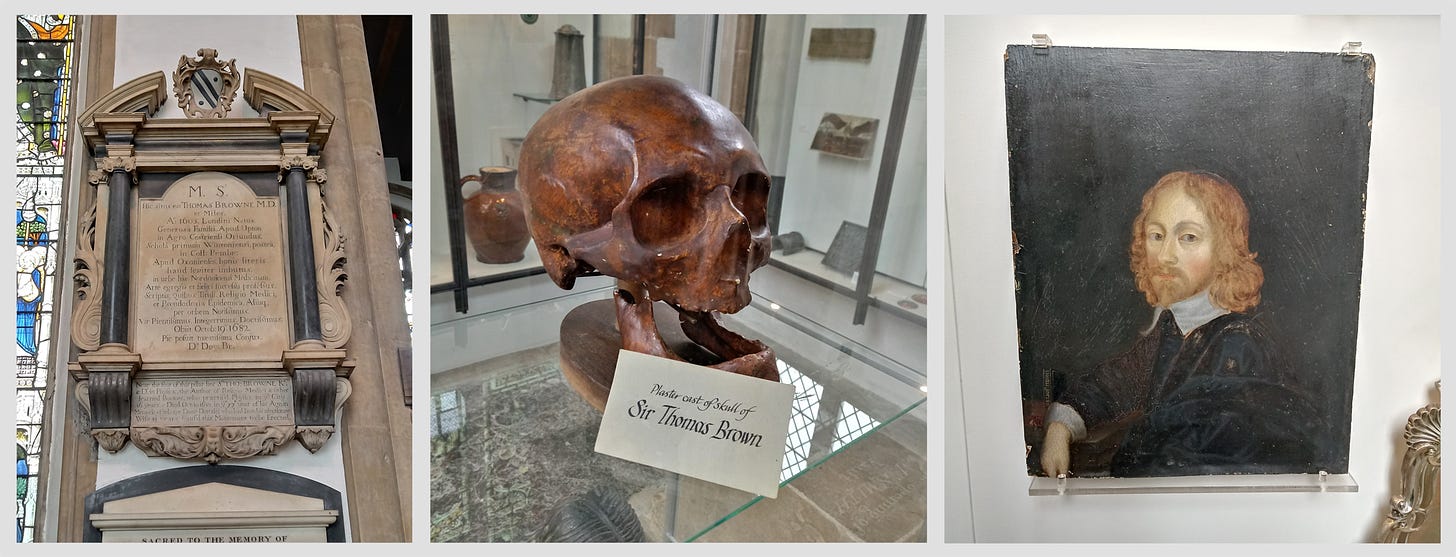 Memorial to Sir Thomas Browne, replica of his skull & portrait in the side chapel