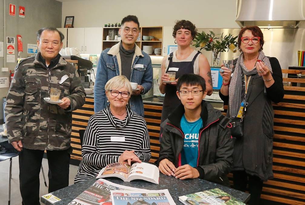 WELCOMING ONE AND ALL: Tony Luu, Steve Chan, Virginia Murnane and Lyn Eales along with Di Clanchy and Zhe Yong Wu during the Language Café. Picture: Mark Witte