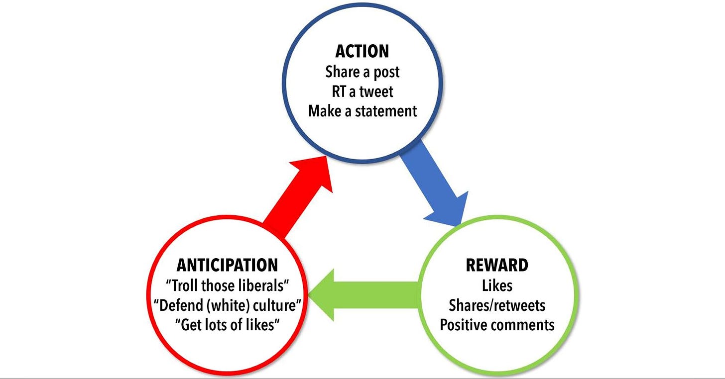 May be an image of text that says 'ACTION Share post RT tweet Make a statement ANTICIPATION "Troll those liberals" "Defend (white) culture" "Get lots of likes" REWARD Likes Shares/retweets Positive comments'