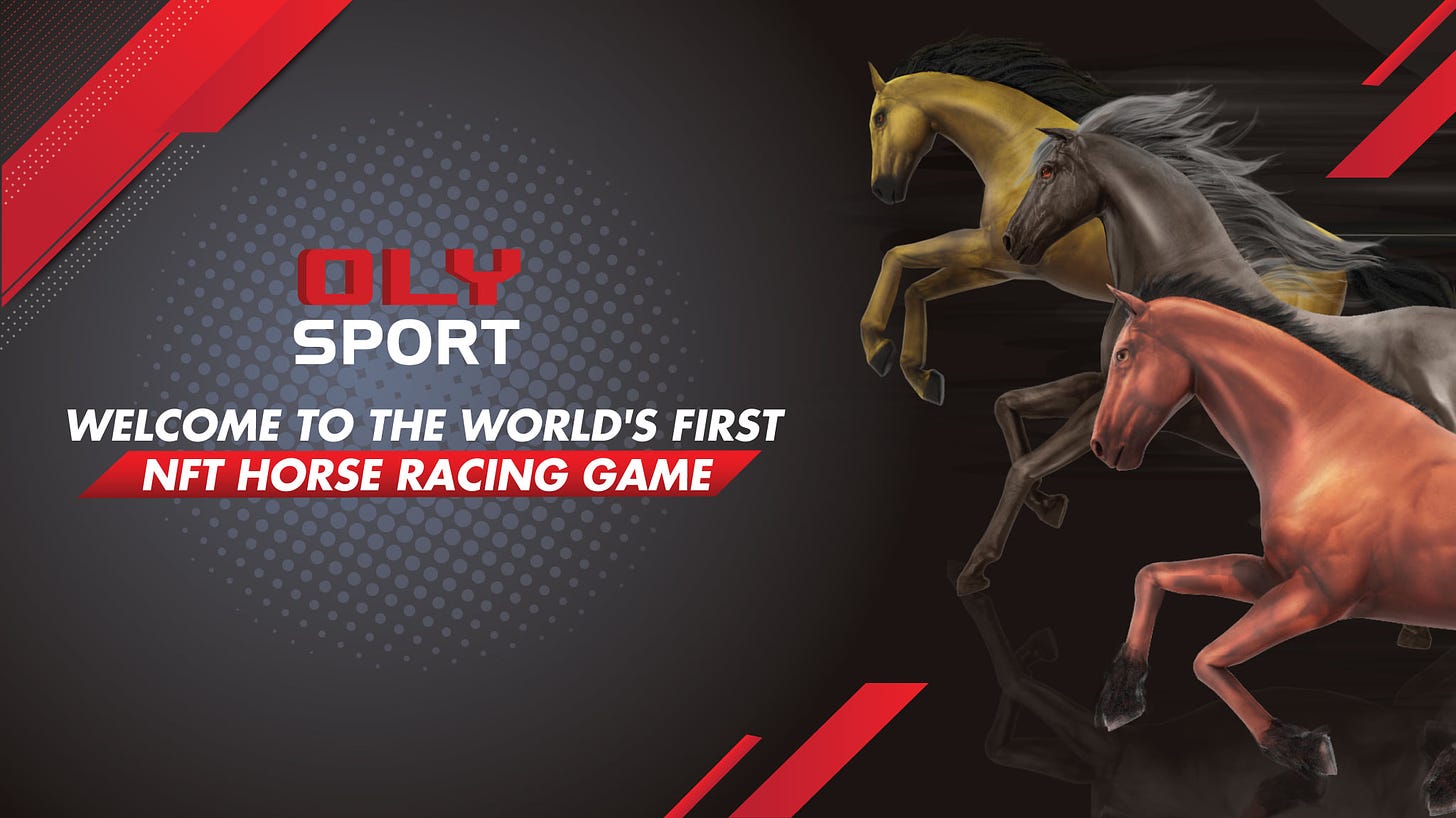 May be a cartoon of text that says 'OLY SPORT WELCOME TO THE WORLD'S FIRST NFT HORSE RACING GAME'