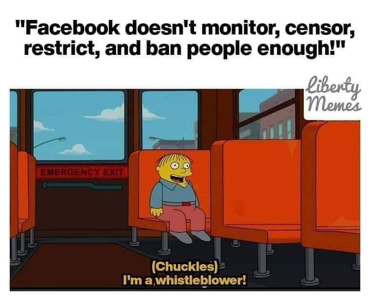 May be a cartoon of text that says '"Facebook doesn't monitor, censor, restrict, and ban people enough!" liberty Memes (Chuckles) I'm a.whistleblower!'
