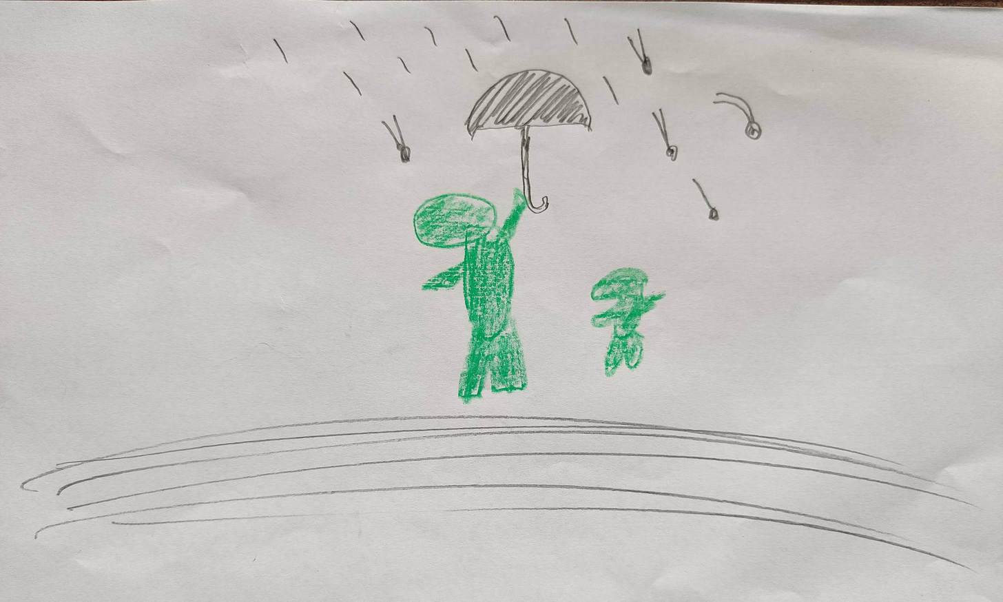 Hand drawing of a dinosaur holding an umbrella above his baby to protect it from falling asteroids