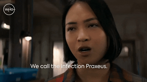 This GIF (repeated moving image) sees Suki Cheng (played by Molly Harris) revealing the truth about the Praxeus bacterium. Suki says the lines, "We call the infection Praxeus. Trust me, it's smart, it's relentless, and it knows you're on to it" again and again. This GIF (repeated moving image) sees Suki Cheng (played by Molly Harris) revealing the truth about the Praxeus bacterium. Suki says the lines, "We call the infection Praxeus. Trust me, it's smart, it's relentless, and it knows you're on to it" again and again.