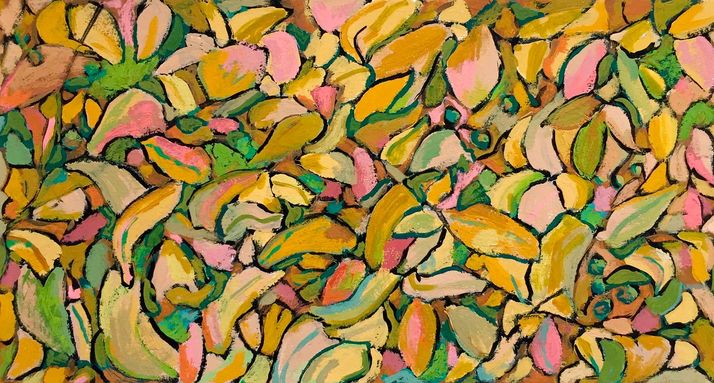 Bright colored fallen leaves painting, gouache on paper
