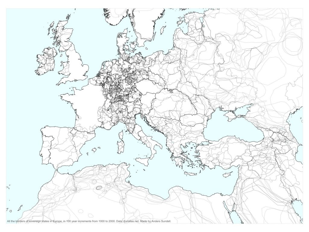 One thousand years of national borders in Europe overlaid on one map