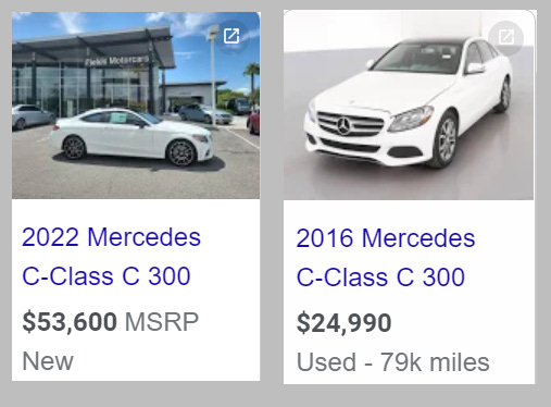 Left: a new mercedes c-class, Right: a used mercedes c-class