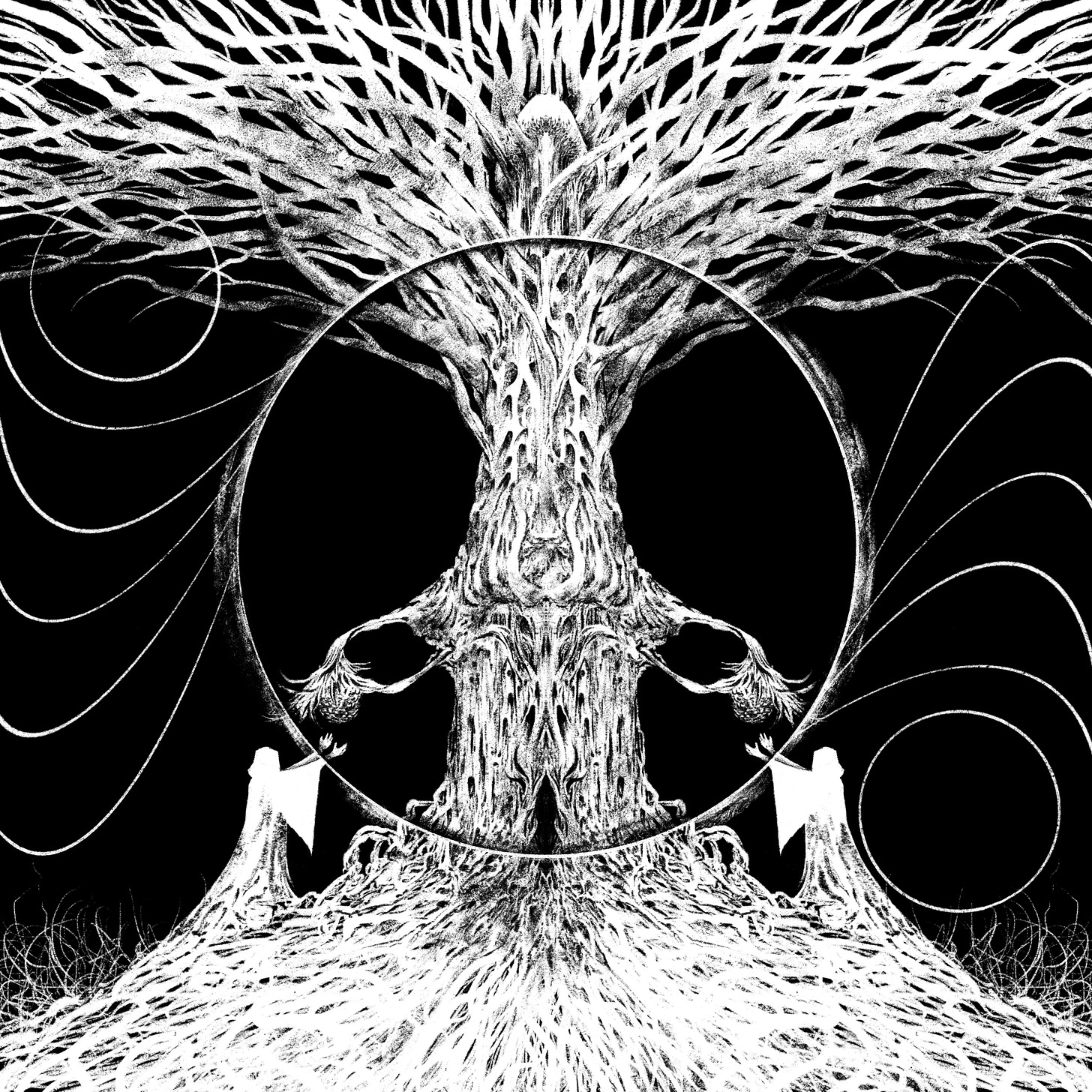 A black-and-white image of Stormgyre the Whorled one, an ancient tree, bequeathing secrets to two acolytes.