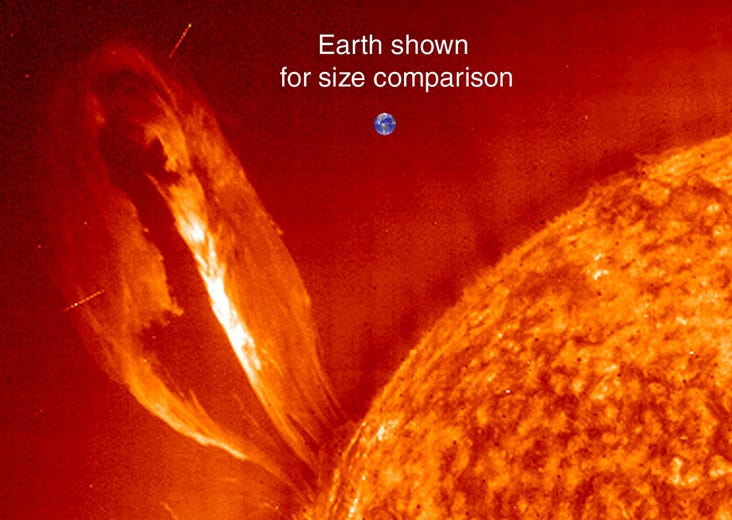 one part of the sun and a solar flare and the earth to scale with the words "earth shown for size comparison"
