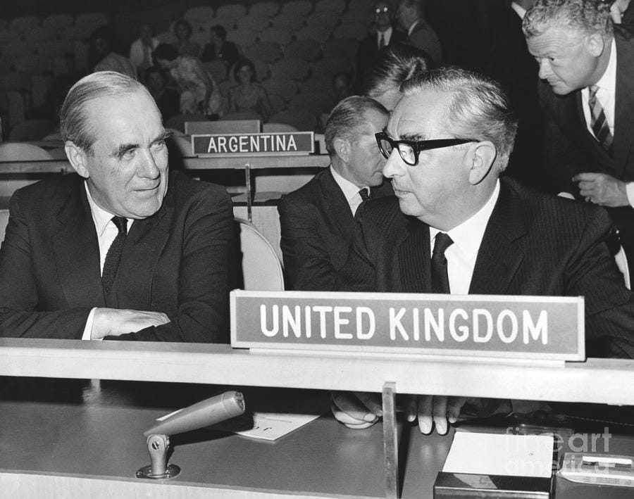 UK representatives at the United Nations, Lord Caradon and George Brown.  1967 Photograph by Anthony Calvacca - Pixels