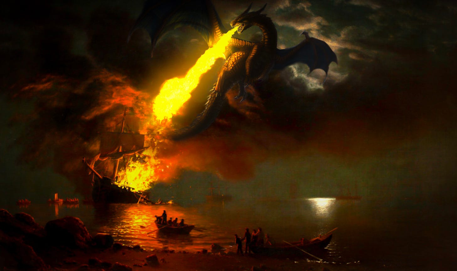 dragon burning ship