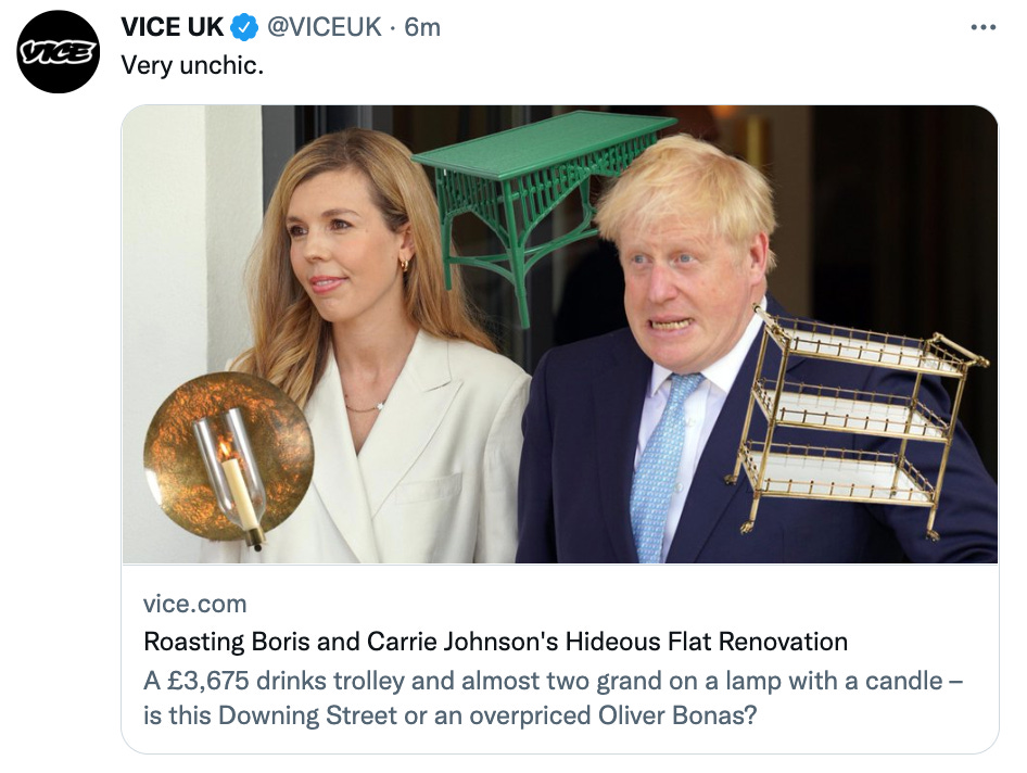 A Tweet from VICE UK reads: Very unchain. Below, a linked article with the headline reads "Roating Boris and Carrie Jonson's Hideous Flat Renovation"
