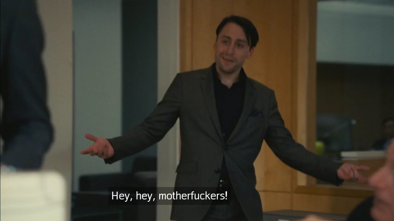 Kieran Culkin in Succession saying "Hey, hey, motherfuckers!" with his arms outspread