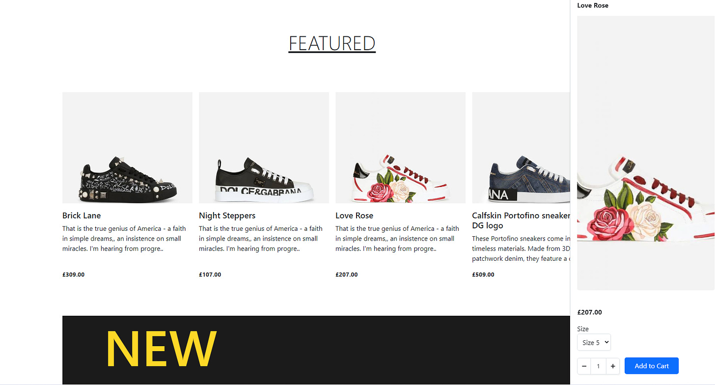 An ecommerce page for the Dcoded Academy course. It shows 4 pairs of sneakers by Dolce & Gabbana
