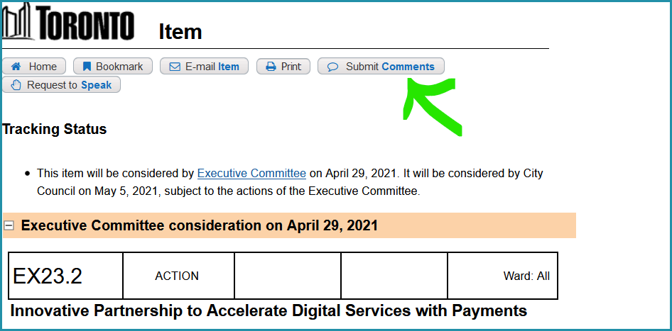 screenshot of City of Toronto agenda item "Innovative Partnership to Accelerate Digital Services with Payments Green handdrawn arrow pointing to button that says "submit comments"