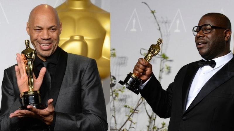 This diptych shows, on the left, 12 Years a Slave screenwriter John Ridley holding his Academy Award for Best Adapted Screenplay and, on the right, 12 Years a Slave director Steve McQueen holding the Academy Award for Best Picture. This diptych shows, on the left, 12 Years a Slave screenwriter John Ridley holding his Academy Award for Best Adapted Screenplay and, on the right, 12 Years a Slave director Steve McQueen holding the Academy Award for Best Picture.