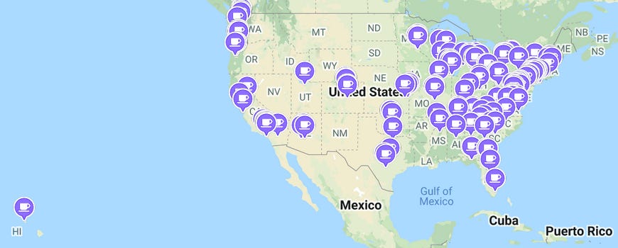 Starbucks unionizing map showing coffee shops in US