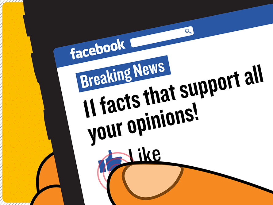 Cartoon of Facebook on a phone that says 'Breaking news! 11 facts that support all your opinions'