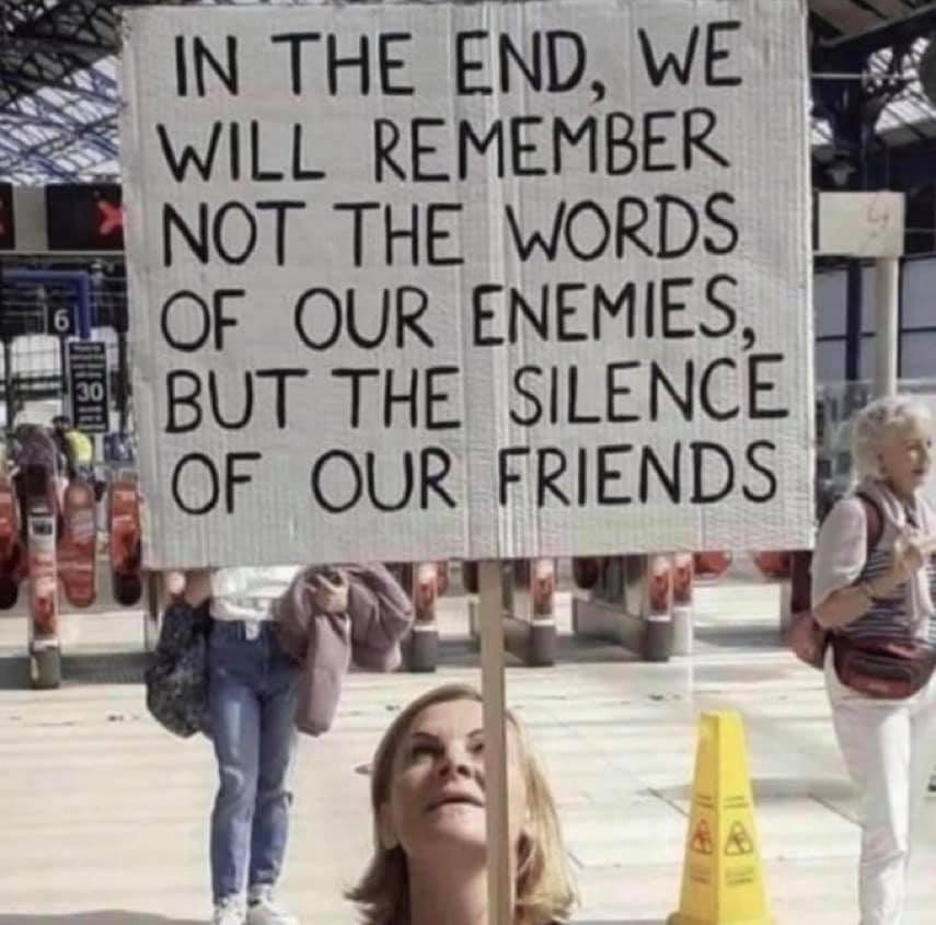 May be an image of 1 person and text that says 'IN THE END, WE WILL REMEMBER NOT THE WORDS OF OUR ENEMIES BUT THE SILENCE OF OUR FRIENDS'