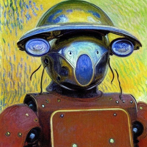 AI-generated image based on prompt: Portrait of an iron robotic koala warrior in a helmet by Claude Monet