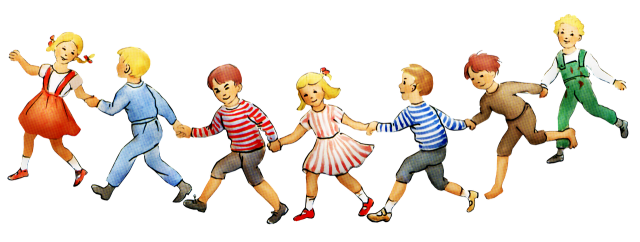 A midcentury illustration of children running in a line, holding hands