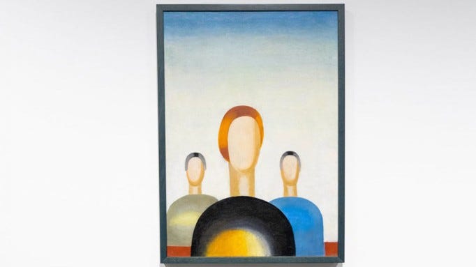 A painting of three abstracted figures