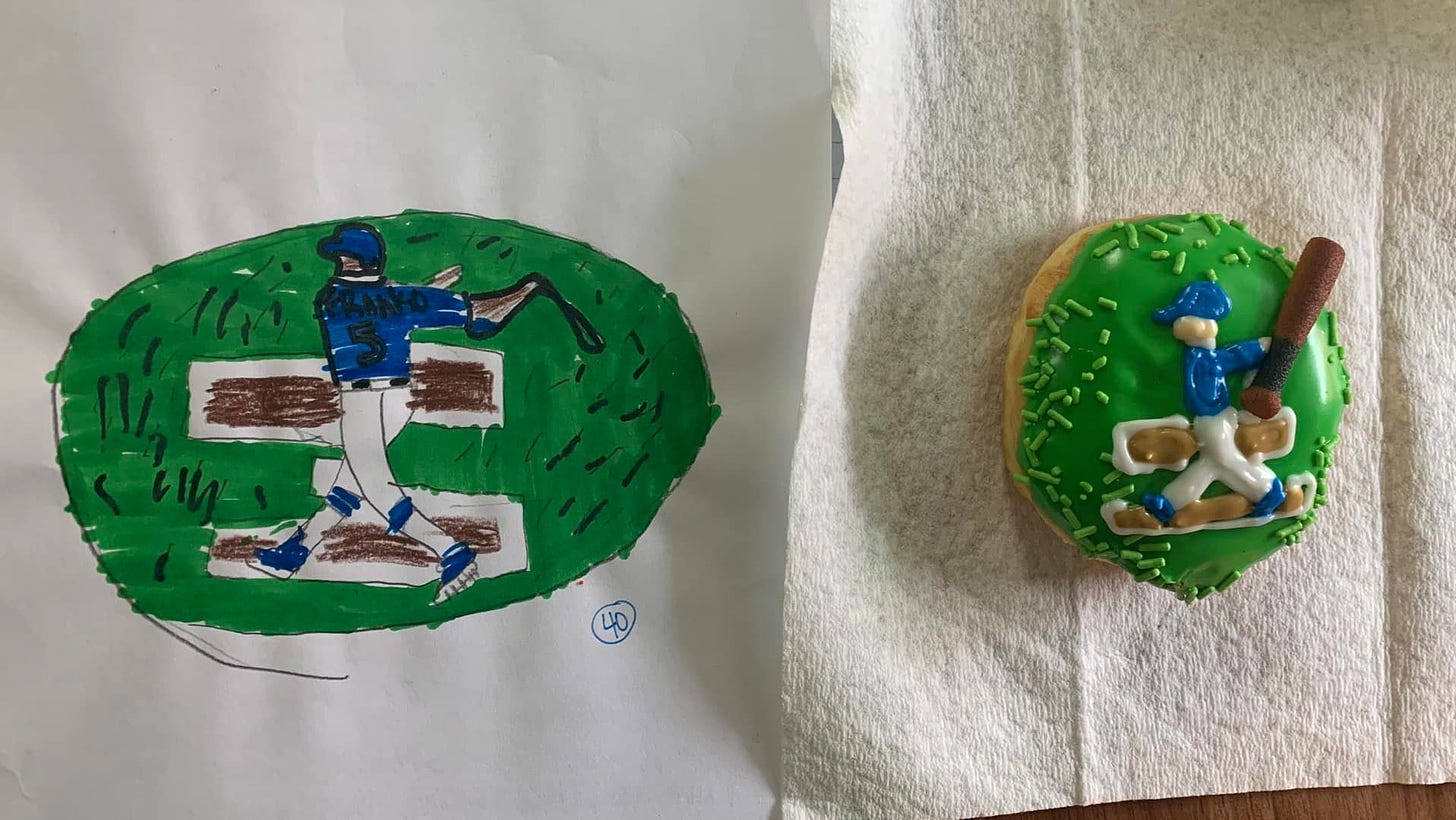A drawing of a baseball player and a matching donut
