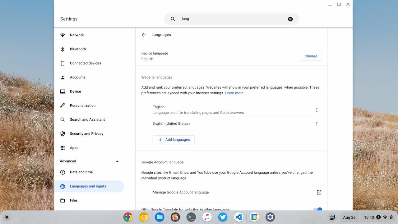Device Language settings on a Chromebook