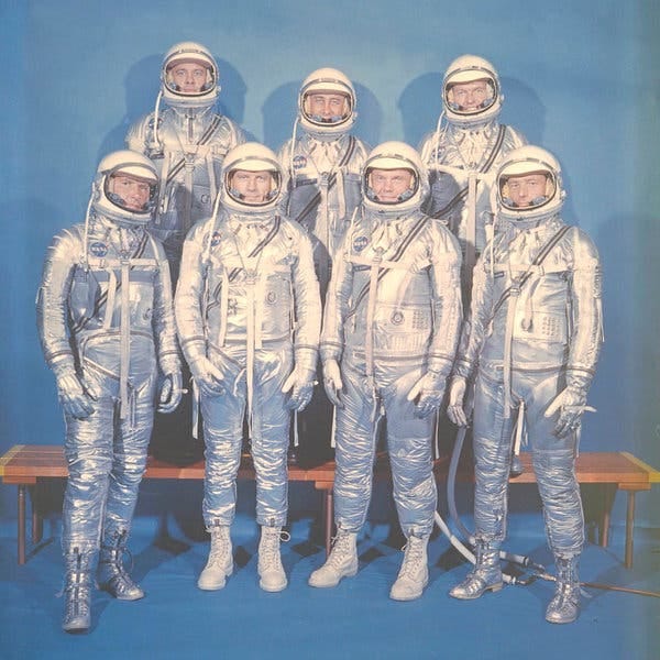 The original seven Mercury astronauts in their spacesuits in 1962.