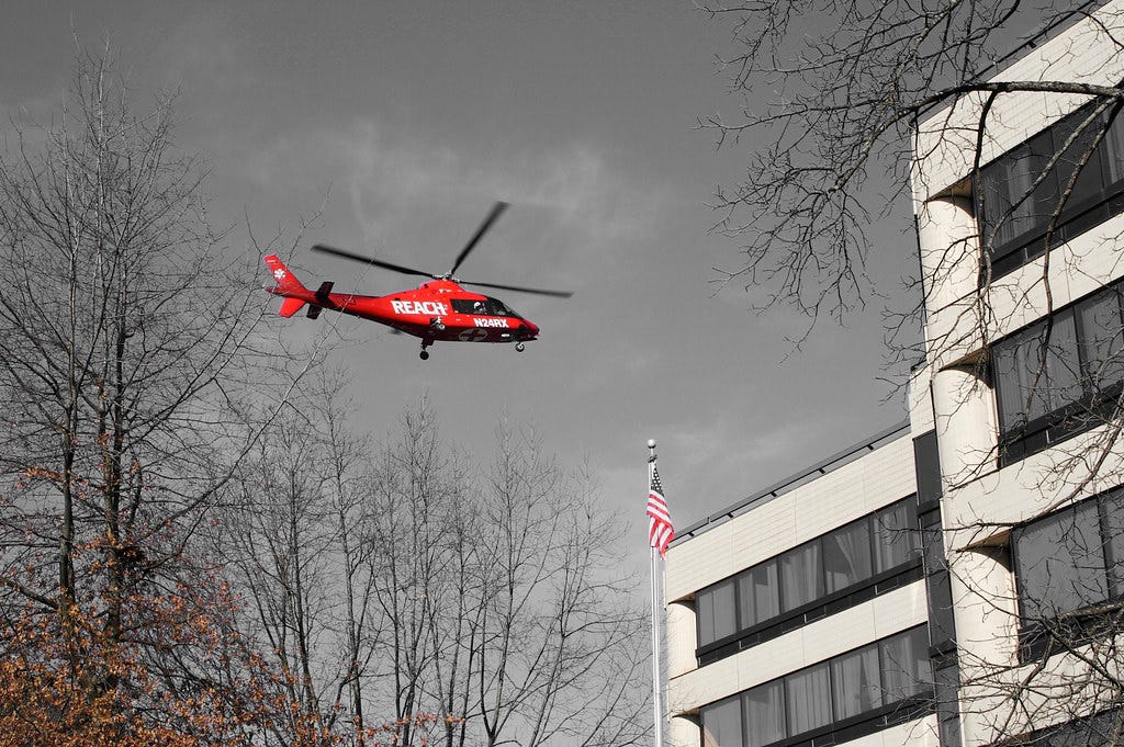Helicopter landing in downtown Eugene at Sacred Heart Hospital