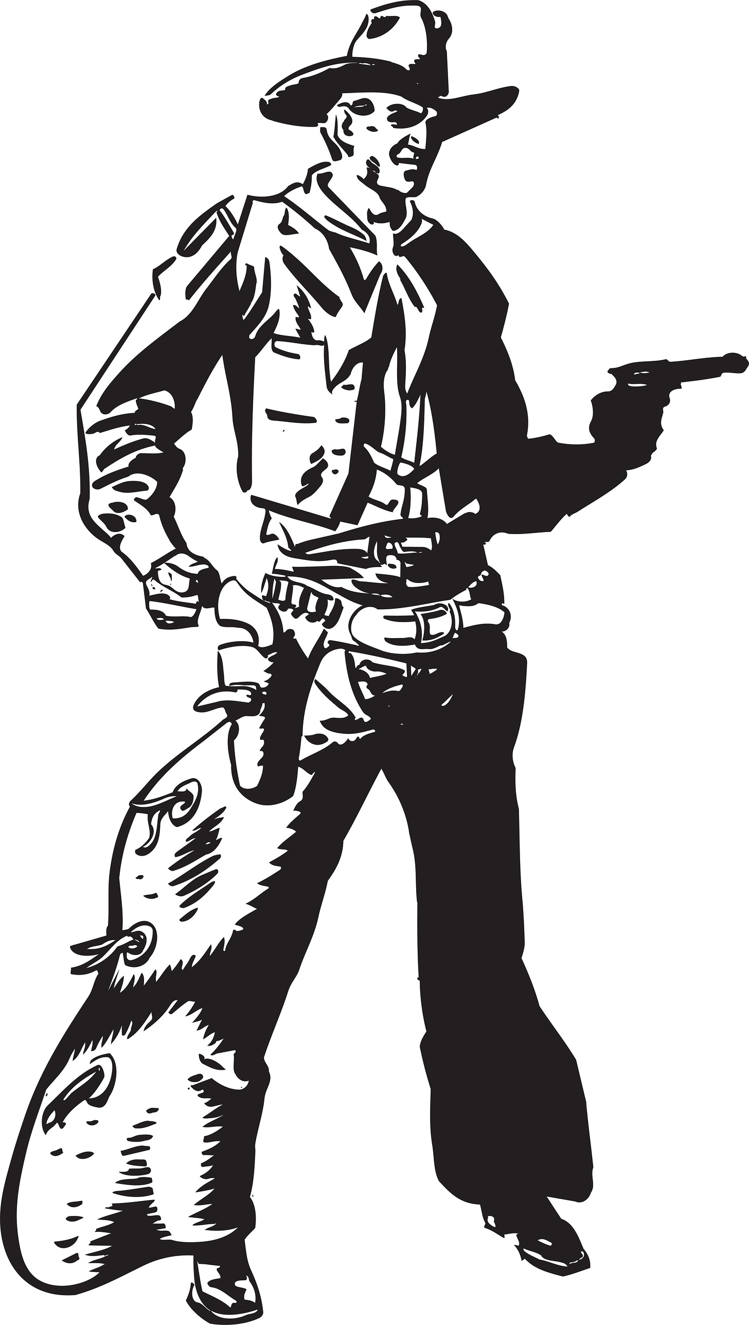 Black-and-white cartoon sketch of a cowboy standing in a wide stance, face scowling, right fist clenched and pistol drawn.