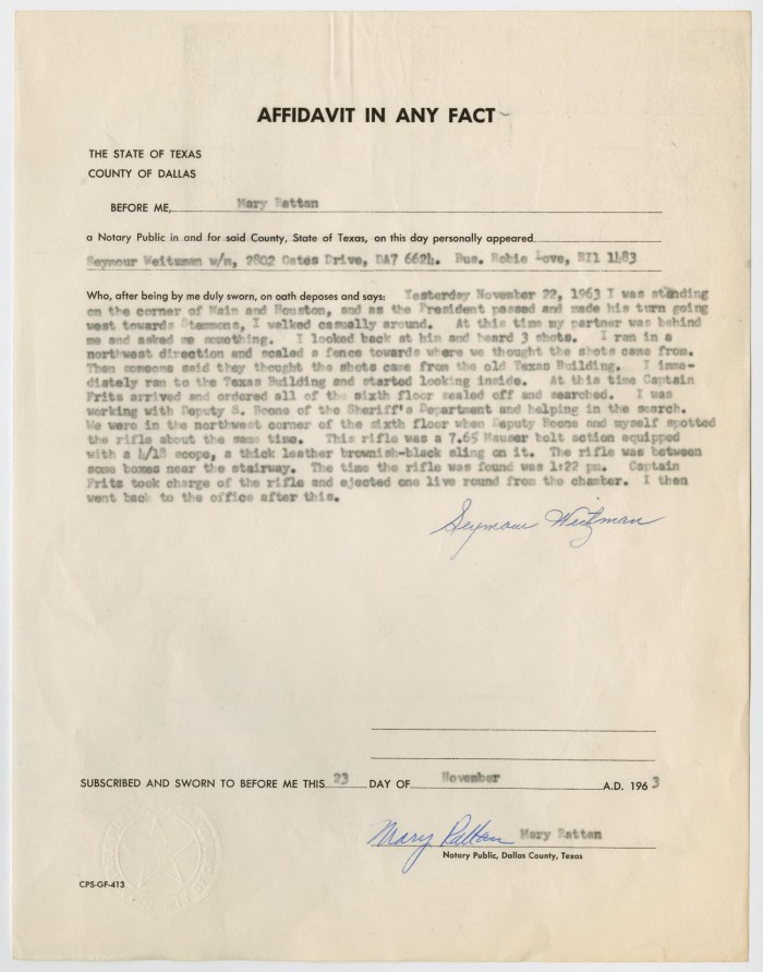 Affidavit in Any Fact - Statement by Seymour Weitzman, November 23, 1963  #2] - The Portal to Texas History