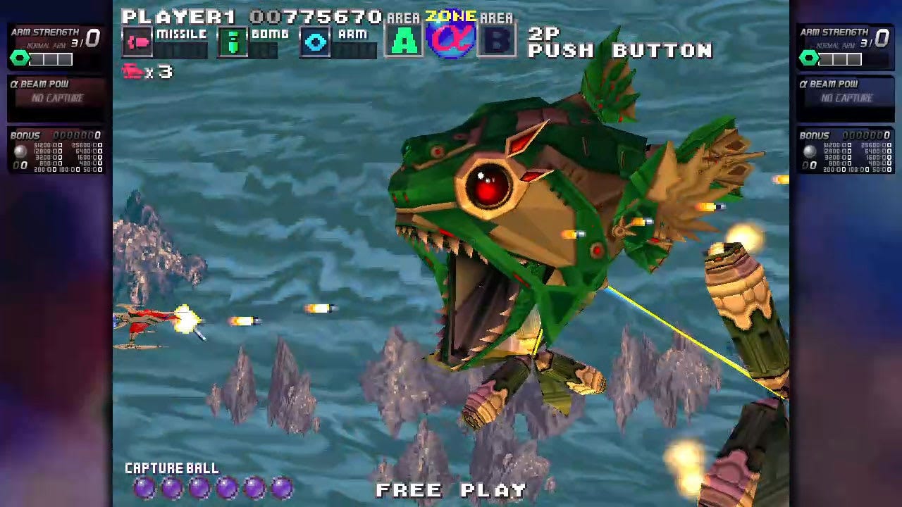 A screenshot of one of G-Darius' many aquatic-inspired bosses, this one a fish with a detachable tail that fires missiles.