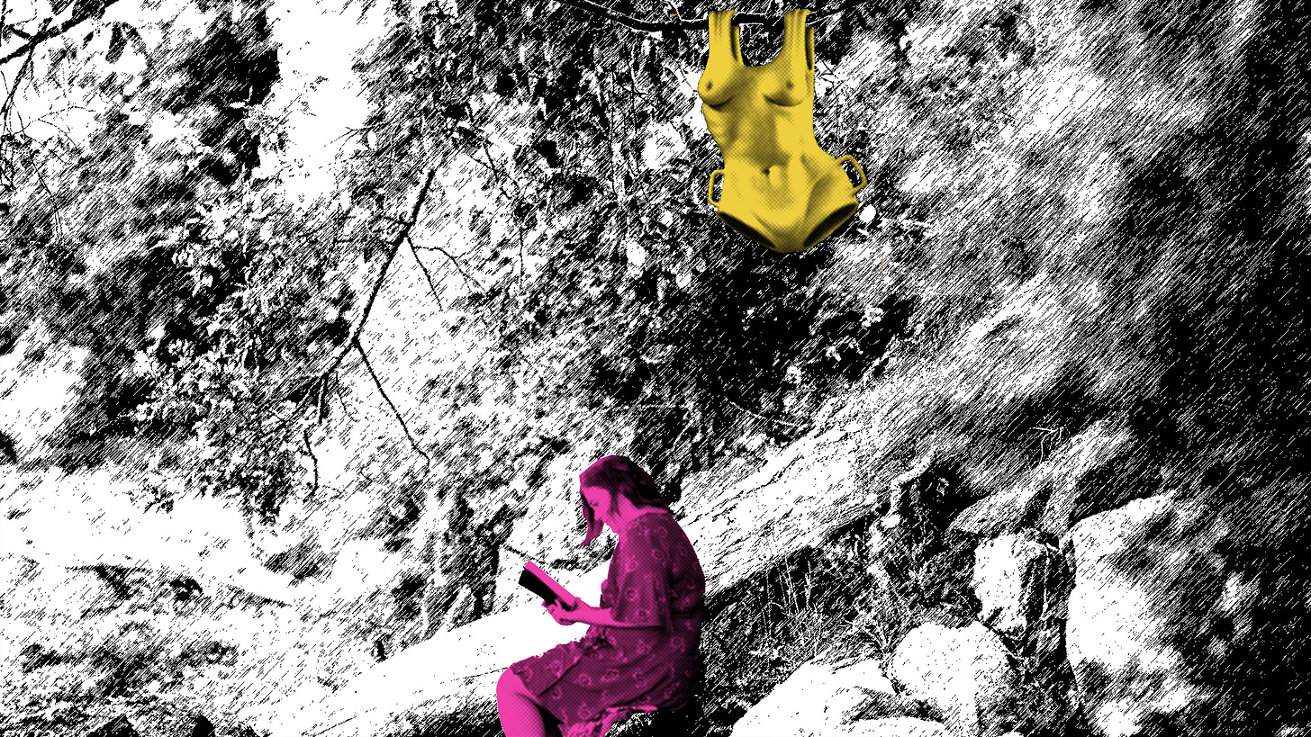 Girl reading while the torso from the cover of The Female Eunuch hangs in a tree above her