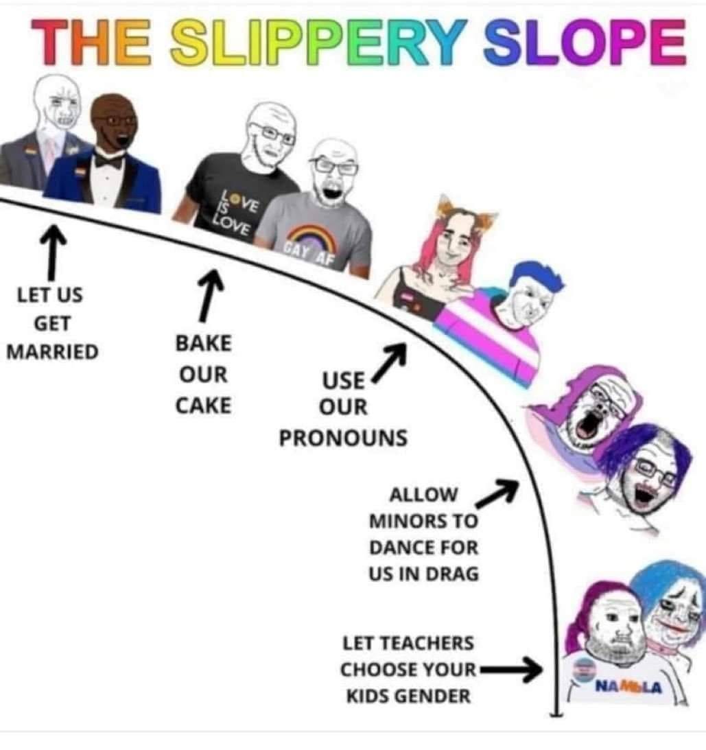 May be a cartoon of 4 people and text that says 'THE SLIPPERY SLOPE LOVE LOVE ↑ LET US GET MARRIED ↑ BAKE OUR CAKE USE OUR PRONOUNS ALLOW MINORS το DANCE FOR US IN DRAG LET TEACHERS CHOOSE YOUR KIDS GENDER NAMLA'