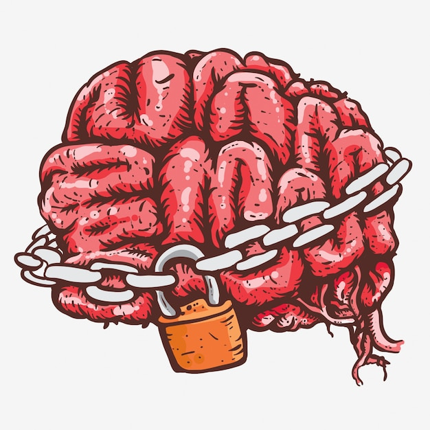 Brain in chains locked hand drawing line art | Premium Vector