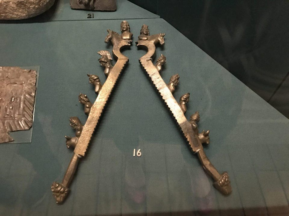 Bronze ritual Roman era castration clamps found in the river Thames and now at the Museum of London.