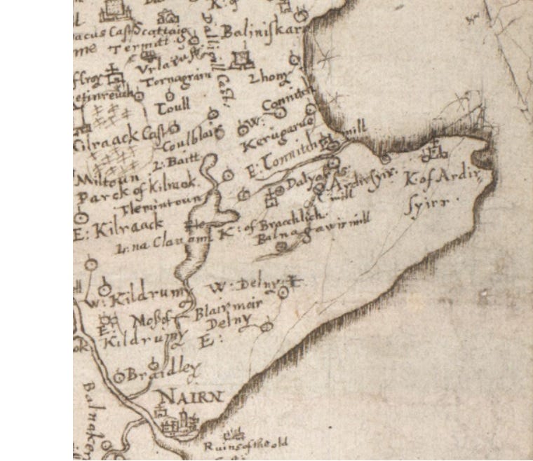 1590 map of Nairn and its western environs by Timothy Pont