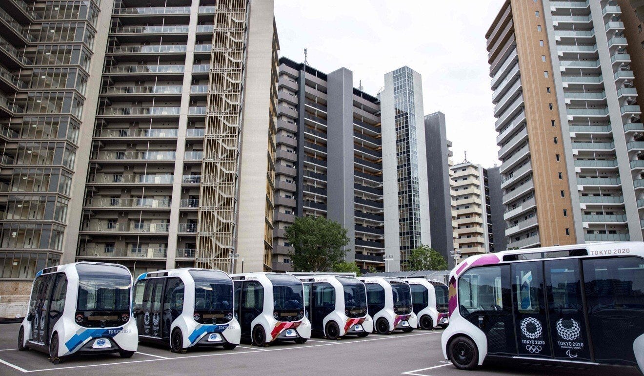 Autonomous electric vehicles that will be used at the Olympic Village. Photo: AFP