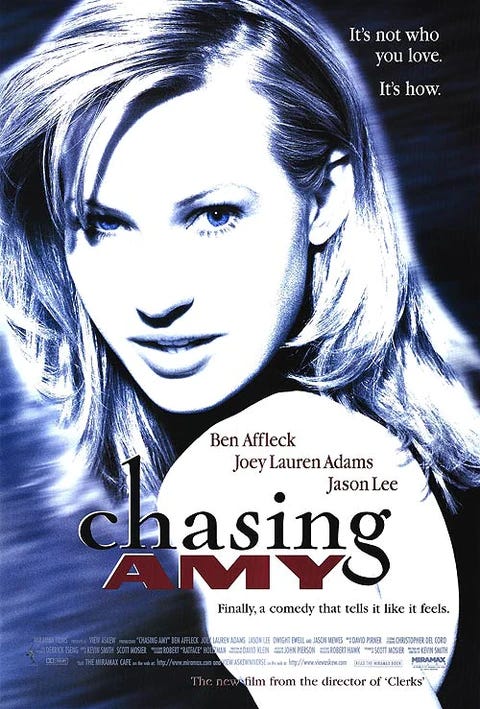 The original poster for Chasing Amy, which features a black and white photo of Joey Lauren Adams and the phrase, "Finally, a comedy that tells it like it feels."