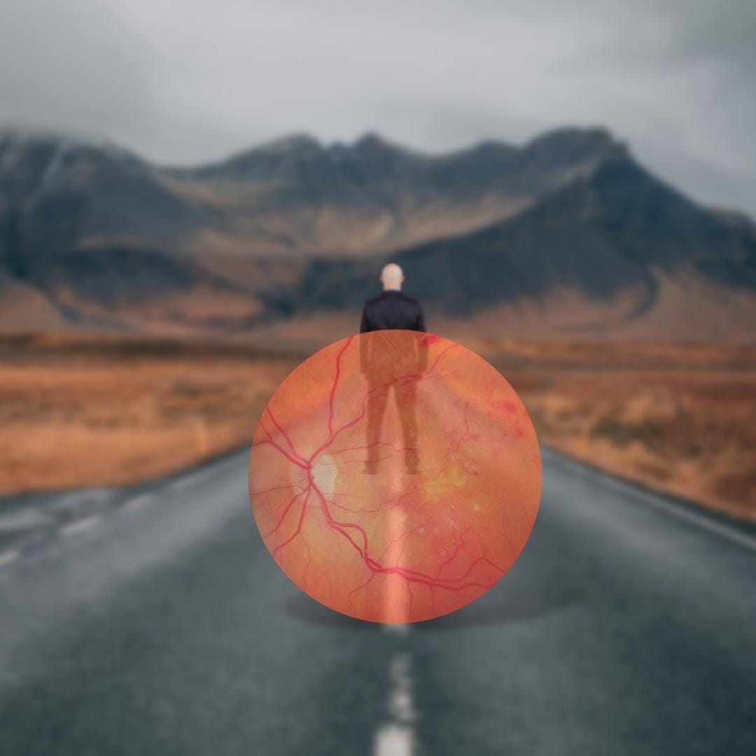 A collage art consisting of an xray image of an eye on the foreground. In the middle of the road, a man in a suit is standing on the road facing a mountain range. The man and the landscape are blurry.
