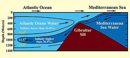 The Mediterranean sea water as it enters the Atlantic over the Gibraltar sill with its own warm, saline, and less dense characteristics, because of the barrier that distinguishes between them. Temperatures are in degrees Celsius (C°). (Marine Geolog…