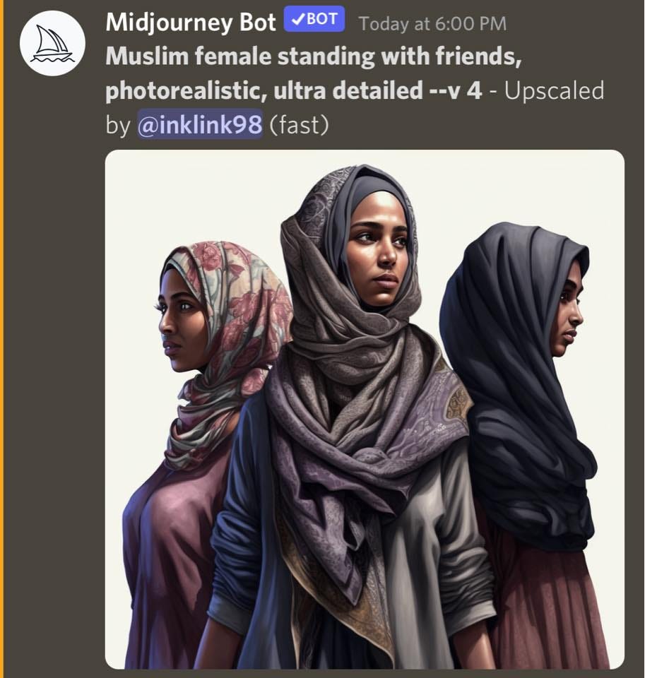 May be an image of 3 people and text that says 'BoT Midjourney Bot Today at 6:00 PM Muslim female standing with friends, photorealistic, ultra detailed --v Upscaled by @inklin98 @inklink98 (fast)'